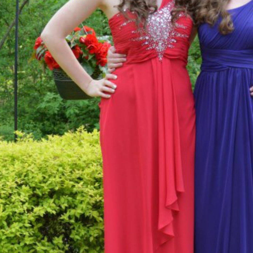 Red One Shoulder Jeweled Long Prom Dress